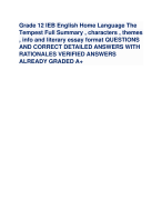 Grade 12 IEB English Home Language The Tempest Full Summary , characters , themes , info and literary essay format QUESTIONS AND CORRECT DETAILED ANSWERS WITH RATIONALES VERIFIED ANSWERS ALREADY GRADED A+