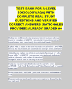TEST BANK FOR A-LEVEL SOCIOLOGY(AQA) WITH COMPLETE REAL STUDY QUESTIONS AND VERIFIED CORRECT ANSWERS (RATIONALES PROVIDEDALREADY GRADED A+ 