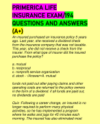 PRIMERICA LIFE INSURANCE EXAM/194 QUESTIONS AND ANSWERS (A+)