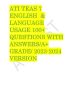 ATI TEAS 7  ENGLISH &  LANGUAGE  USAGE 100+  QUESTIONS WITH  ANSWERS/A+  GRADE/ 2023-2024  VERSION 