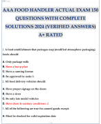 AAA FOOD HANDLER ACTUAL EXAM 150 QUESTIONS WITH COMPLETE SOLUTIONS 2024 (VERIFIED ANSWERS) A+ RATED