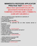 MINNESOTA PESTICIDE APPLICATOR PRACTICE TEST EXAM AND PRACTICE QUESTION EXAM 170 QUESTIONS WITH DETAILED VERIFIED ANSWERS (100% CORRECT) ALREADY GRADED A+
