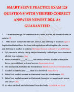 SMART SERVE PRACTICE EXAM 128 QUESTIONS WITH VERIFIED CORRECT ANSWERS NEWEST 2024. A+ GUARANTEED