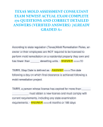 TEXAS MOLD ASSESSMENT CONSULTANT  EXAM NEWEST ACTUAL EXAM COMPLETE  170 QUESTIONS AND CORRECT DETAILED  ANSWERS (VERIFIED ANSWERS) |ALREADY  GRADED A+