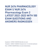 NUR 2474 PHARMACOLOGY  EXAM 1/ NUR 2474  Pharmacology Exam 2 LATEST 2022-2023 WITH 100  EXAM QUESTIONS AND  ANSWERS RASMUSSEN