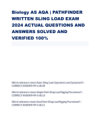 Biology AS AQA | PATHFINDER  WRITTEN SLING LOAD EXAM  2024 ACTUAL QUESTIONS AND  ANSWERS SOLVED AND  VERIFIED 100%
