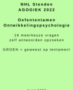 Oefen tentamen ontwikkelingspsychologie (nieuw 2022) o.b.v. Feldman - Pedagogiek Stenden Hogeschool - 16 meerkeuzevragen ZELF antwoorden opzoeken