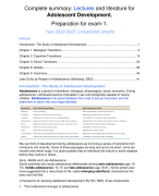  Summary Exam 1 Adolescent Development. Summary of the literature with lecture notes added.
