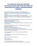 CLC EXAM TEST BANK 2023 CERTIFIED LACTATION CONSULTANT EXAM TEST BANK 300 QUESTIONS AND CORRECT ANSWERS(VERIFIED ANSWERS) 
