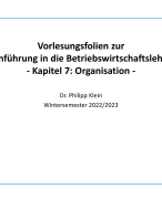 Einführung in die Betriebswirtschaftslehre - Kapitel 7: Organisation